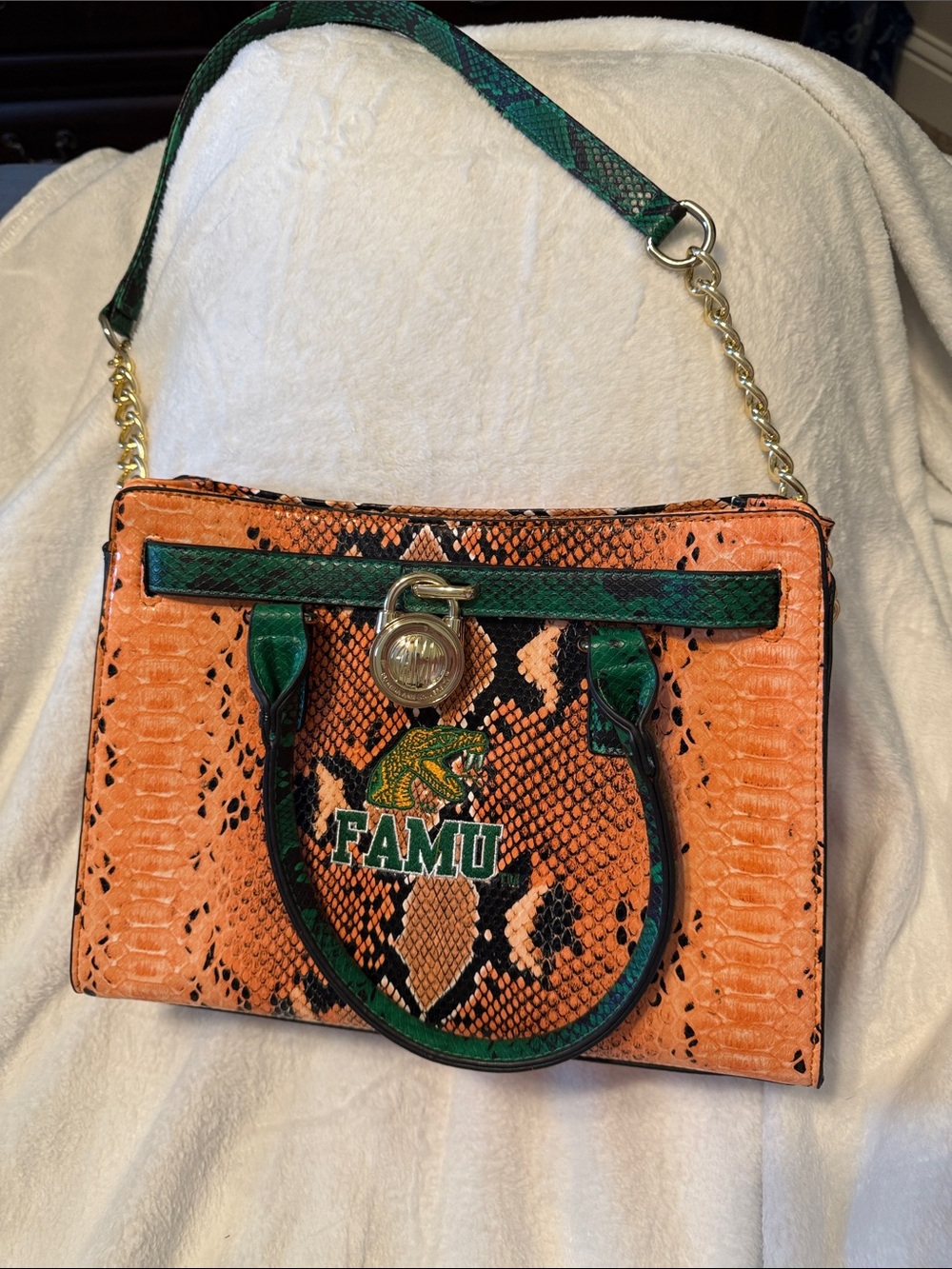 FAMU Orange & Green Snake-Print Satchel